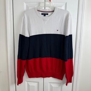 Tommy Hilfiger Mens Crewneck Sweater Colorblock Red Navy White Size L‎ Y2K 90s